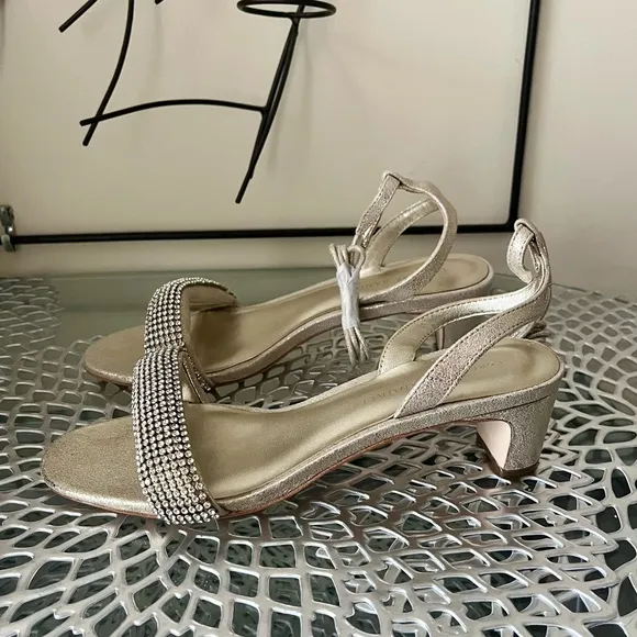 Loeffler Randall Jackie Metallic Crystal Mid Heel Ankle Wrap Sandals sz 7.5 New
