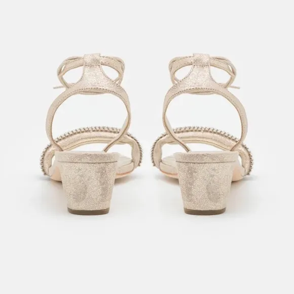 Loeffler Randall Jackie Metallic Crystal Mid Heel Ankle Wrap Sandals sz 7.5 New
