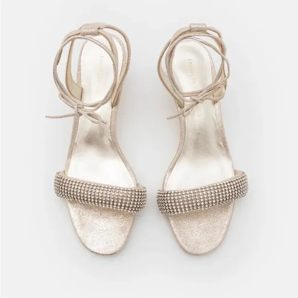 Loeffler Randall Jackie Metallic Crystal Mid Heel Ankle Wrap Sandals sz 7.5 New