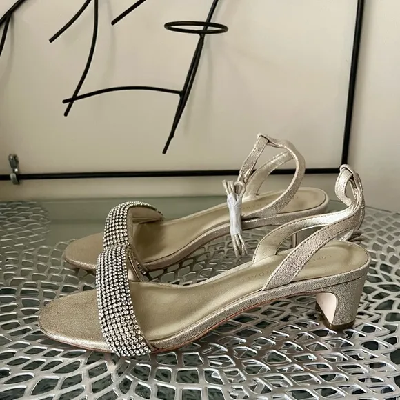 Loeffler Randall Jackie Metallic Crystal Mid Heel Ankle Wrap Sandals sz 7.5 New