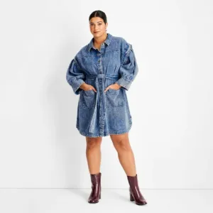 Long Sleeve Utility Denim A-Line Dress Future Collective w/ Kahlana BB NWT Sz 2
