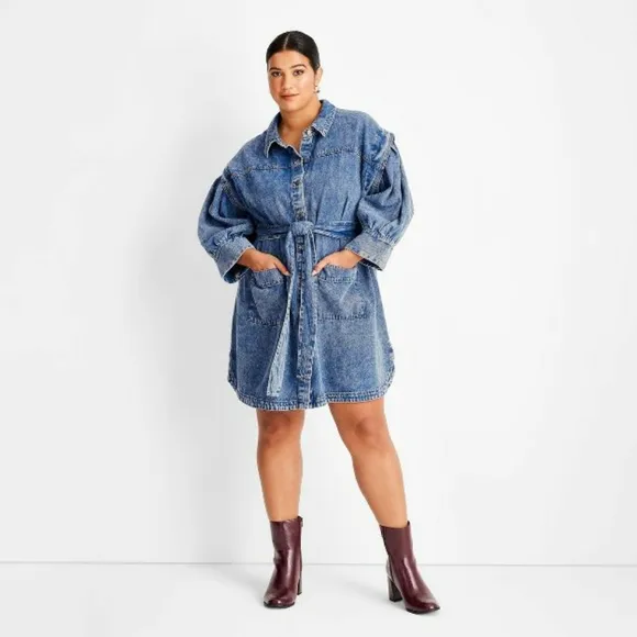Long Sleeve Utility Denim A-Line Dress Future Collective w/ Kahlana BB NWT Sz 2