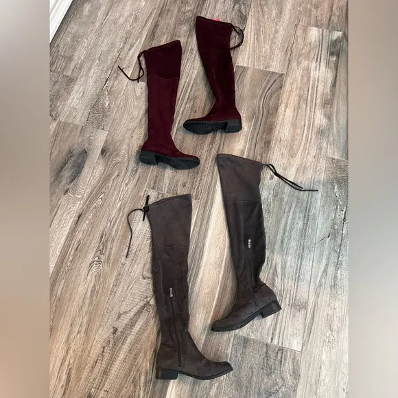 LOT OF 2 THIGHT HIGH KNEE BOOTS BURGUNDY MAROON GRAY CATHERINE MALADRINO SIZE 7