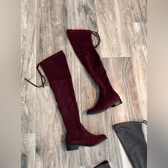LOT OF 2 THIGHT HIGH KNEE BOOTS BURGUNDY MAROON GRAY CATHERINE MALADRINO SIZE 7