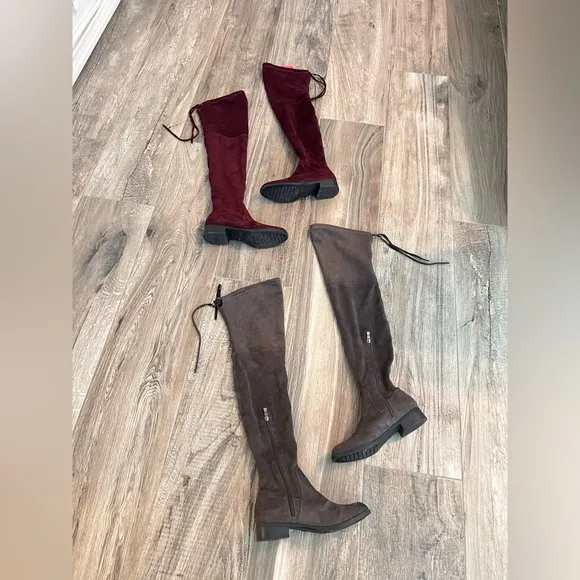 LOT OF 2 THIGHT HIGH KNEE BOOTS BURGUNDY MAROON GRAY CATHERINE MALADRINO SIZE 7