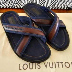 Louis Vuitton Blue and Brown Sandals with Cross-Strap Design