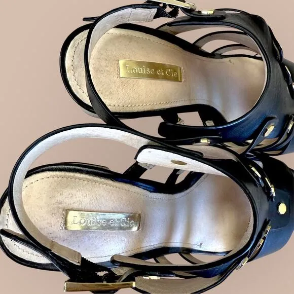 Louise et Cie Leather Studded Gladiator Ankle Strap Heel Sandals Size 10M Black