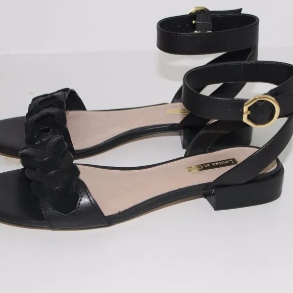Louise et Cie Women Flat Ankle Strap Sandals Size US 7.5M Black Leather NIB