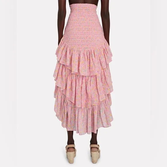 LoveShackFancy Berry High-Low Floral Cotton Skirt XL