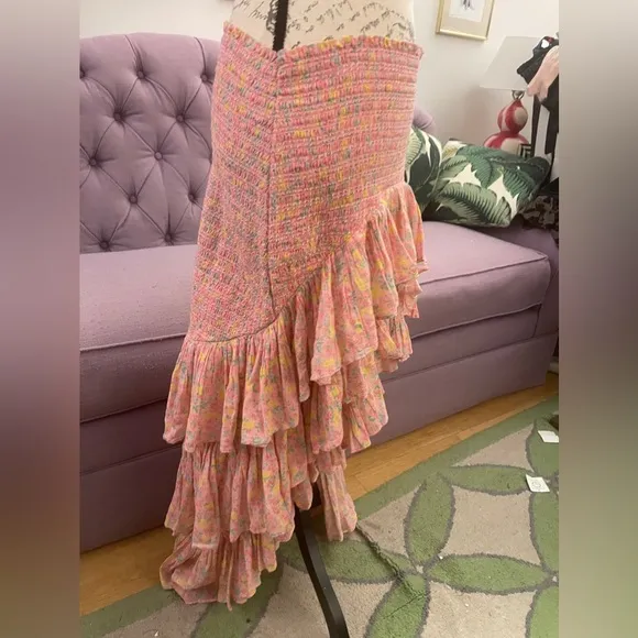 LoveShackFancy Berry High-Low Floral Cotton Skirt XL