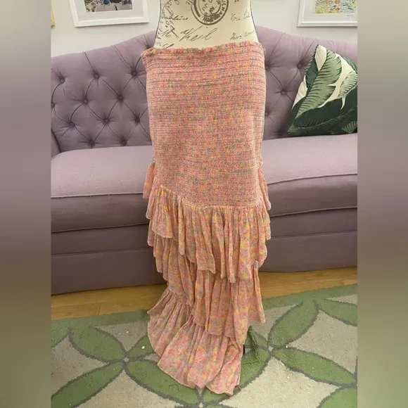 LoveShackFancy Berry High-Low Floral Cotton Skirt XL
