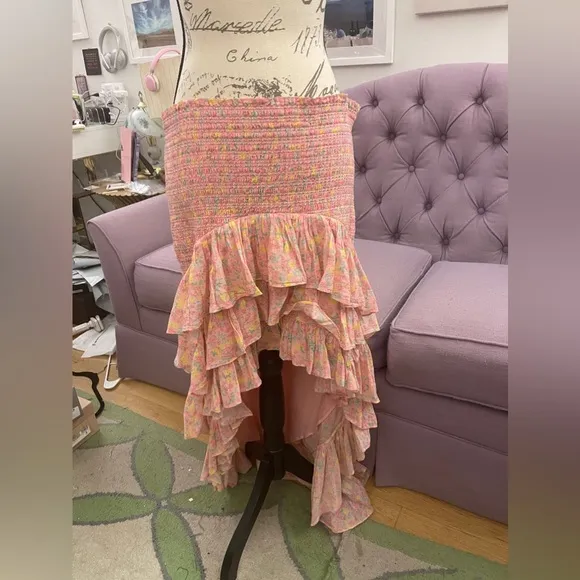 LoveShackFancy Berry High-Low Floral Cotton Skirt XL