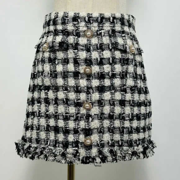 LoveShackFancy - Nate Faux Pearl-embellished Checked Tweed Mini Skirt