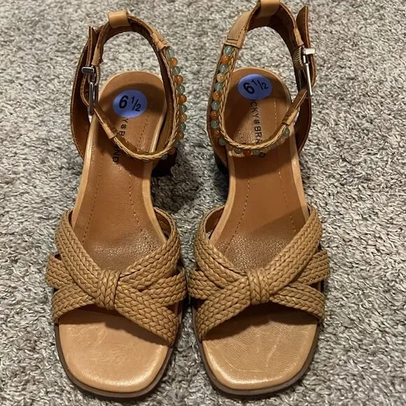 LUCKY BRAND $109 Tan 6.5 7.5 NEW Jathan Braided Leather Bead Detail Sandals