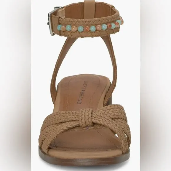 LUCKY BRAND $109 Tan 6.5 7.5 NEW Jathan Braided Leather Bead Detail Sandals