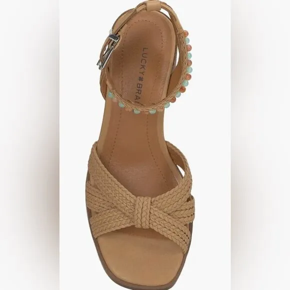 LUCKY BRAND $109 Tan 6.5 7.5 NEW Jathan Braided Leather Bead Detail Sandals