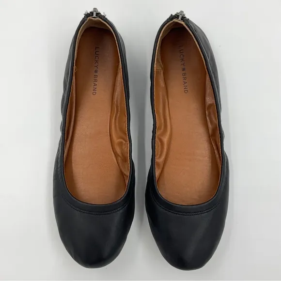 Lucky Brand EUC Eikia Black Leather Ballet Flats Zip Back Size 9M / 40