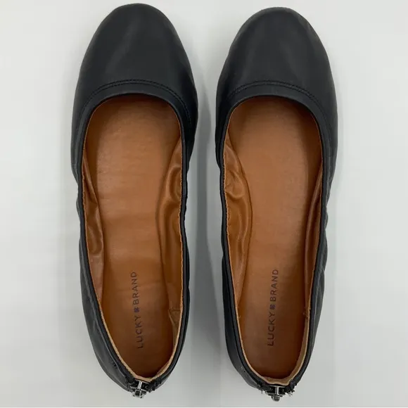 Lucky Brand EUC Eikia Black Leather Ballet Flats Zip Back Size 9M / 40