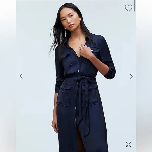 Madewell Button Front Utility Midi Shirt Dress Satin Deep Indigo Blue XS NR775