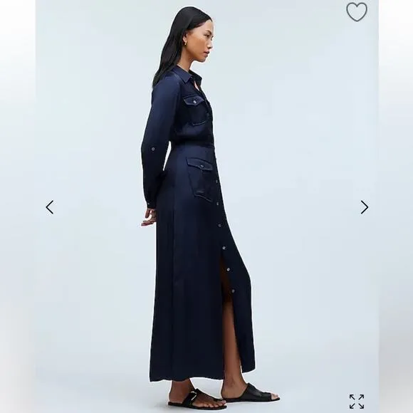 Madewell Button Front Utility Midi Shirt Dress Satin Deep Indigo Blue XS NR775