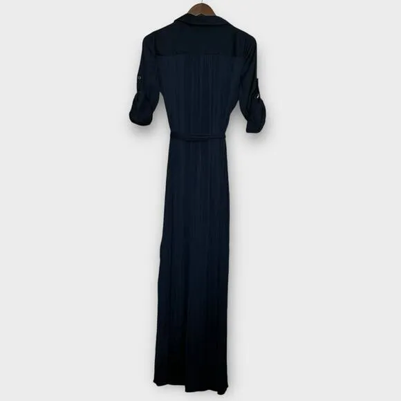 Madewell Button Front Utility Midi Shirt Dress Satin Deep Indigo Blue XS NR775