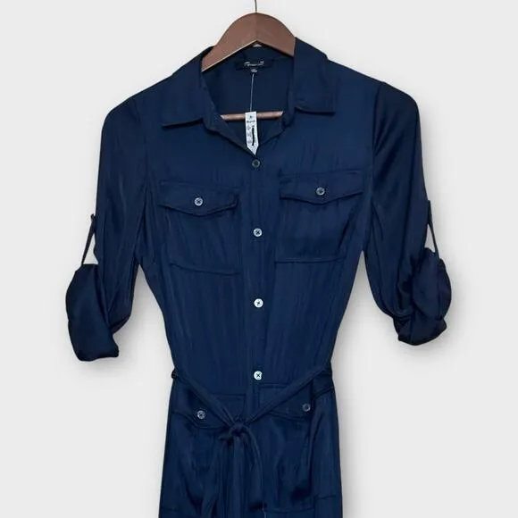Madewell Button Front Utility Midi Shirt Dress Satin Deep Indigo Blue XS NR775