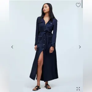 Madewell Button Front Utility Midi Shirt Dress Satin Deep Indigo Blue XS NR775