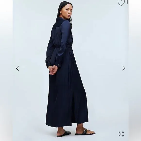 Madewell Button Front Utility Midi Shirt Dress Satin Deep Indigo Blue XS NR775