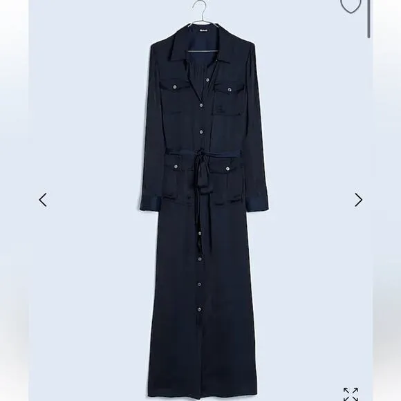 Madewell Button Front Utility Midi Shirt Dress Satin Deep Indigo Blue XS NR775