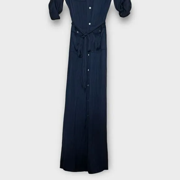Madewell Button Front Utility Midi Shirt Dress Satin Deep Indigo Blue XS NR775