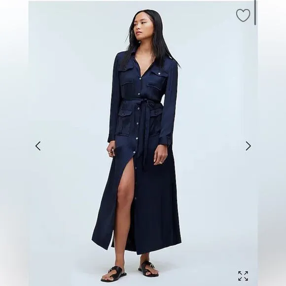 Madewell Button Front Utility Midi Shirt Dress Satin Deep Indigo Blue XS NR775