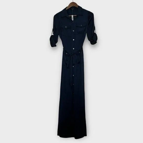 Madewell Button Front Utility Midi Shirt Dress Satin Deep Indigo Blue XS NR775