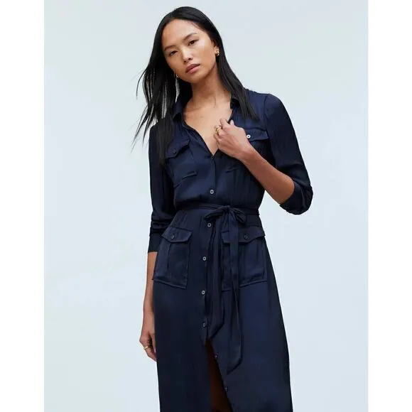 Madewell Button Front Utility Shirtdress in Satin Deep Indigo Blue NWT Medium