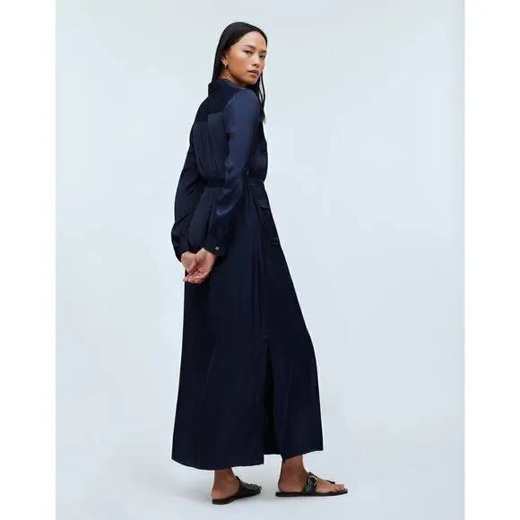 Madewell Button Front Utility Shirtdress in Satin Deep Indigo Blue NWT Medium