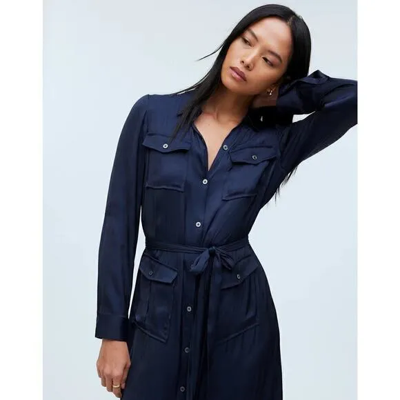 Madewell Button Front Utility Shirtdress in Satin Deep Indigo Blue NWT Medium