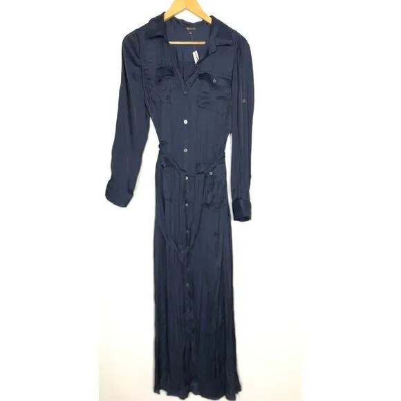 Madewell Button Front Utility Shirtdress in Satin Deep Indigo Blue NWT Medium