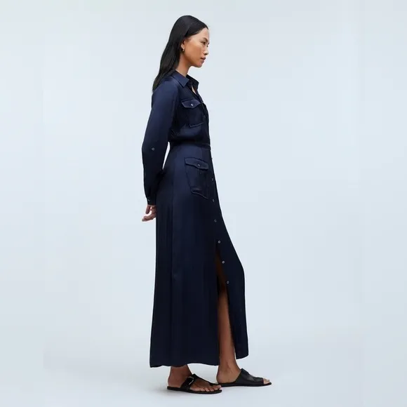 Madewell Button-Front Utility Shirtdress in Satin Deep Indigo XXS NWT