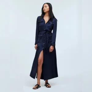 Madewell Button-Front Utility Shirtdress in Satin Deep Indigo XXS NWT