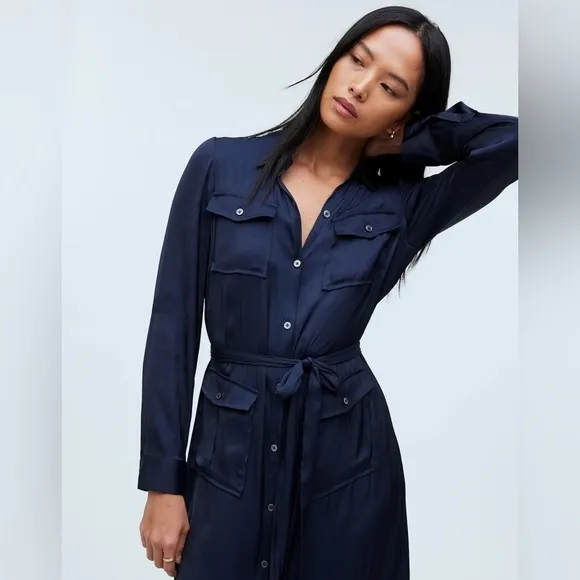 Madewell Button-Front Utility Shirtdress in Satin Deep Indigo XXS NWT