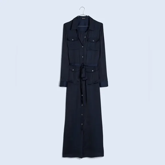 Madewell Button-Front Utility Shirtdress in Satin Deep Indigo XXS NWT