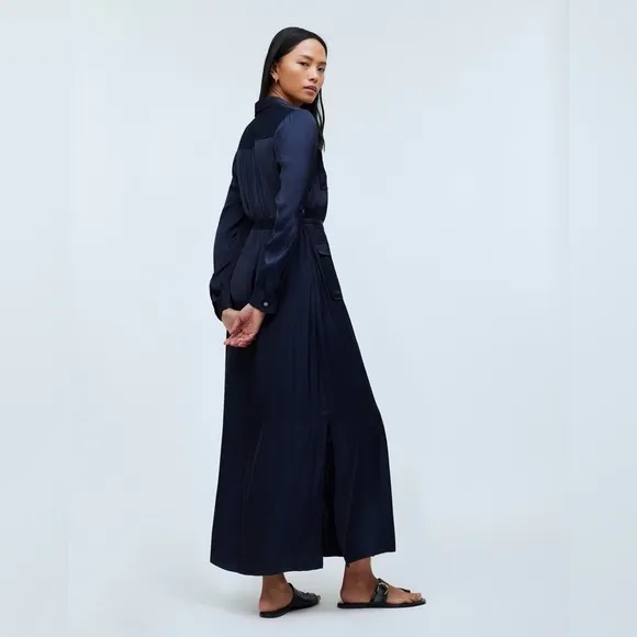 Madewell Button-Front Utility Shirtdress in Satin Deep Indigo XXS NWT