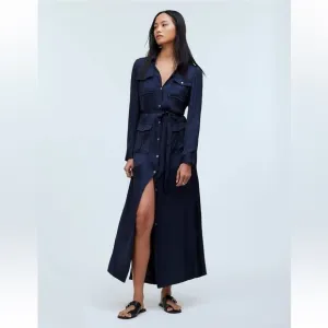 Madewell Button-Front Utility Shirtdress Satin Deep Indigo size XS NWT NR775