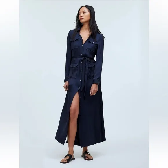 Madewell Button-Front Utility Shirtdress Satin Deep Indigo size XS NWT NR775
