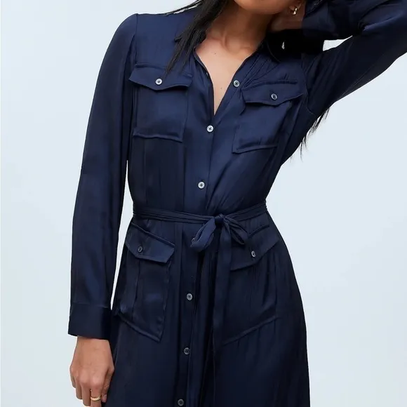 Madewell Button-Front Utility Shirtdress Satin Deep Indigo size XS NWT NR775