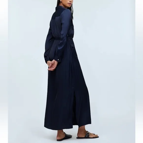 Madewell Button-Front Utility Shirtdress Satin Deep Indigo size XS NWT NR775