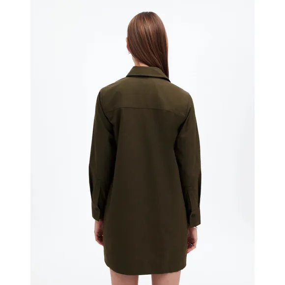 Madewell Dark Olive Button-Up Mini Shirtdress M Twill Long Sleeve Utility NWT