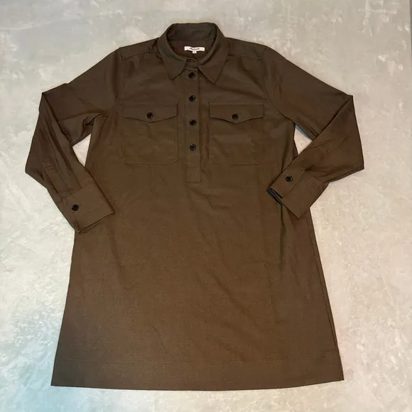 Madewell Dark Olive Button-Up Mini Shirtdress M Twill Long Sleeve Utility NWT