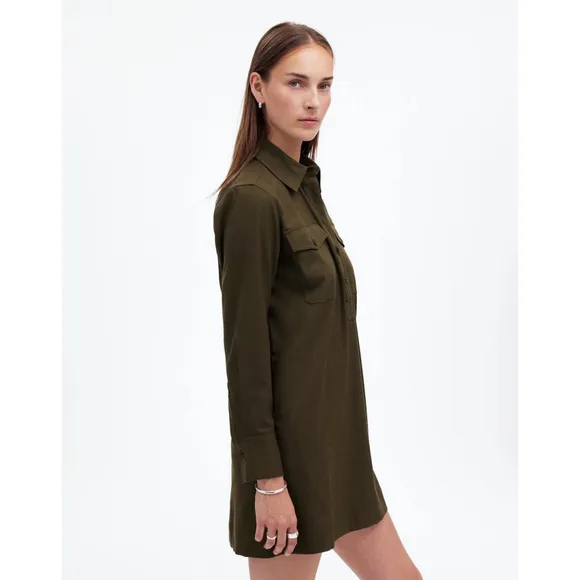 Madewell Dark Olive Button-Up Mini Shirtdress M Twill Long Sleeve Utility NWT