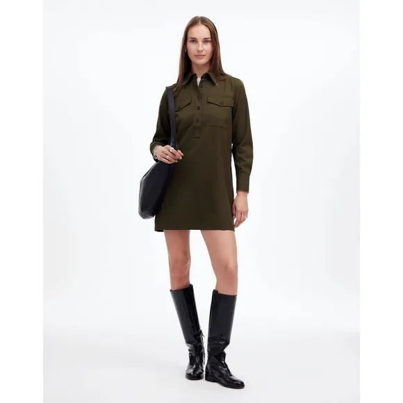 Madewell Dark Olive Button-Up Mini Shirtdress M Twill Long Sleeve Utility NWT