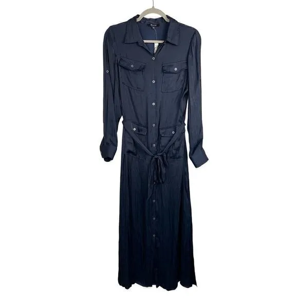 Madewell Women's Button-Front Utility Shirtdress in Satin Deep Indigo Size Small